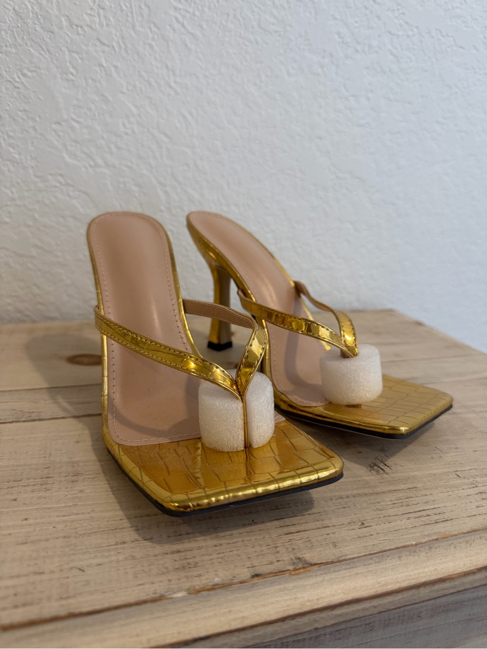 Gold Croc-Embossed High Heel Thong Sandals